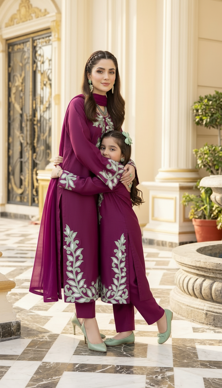 Reshmi RA10 Magenta Embroidered 3pc Raw Silk Suit with Chiffon Dupatta