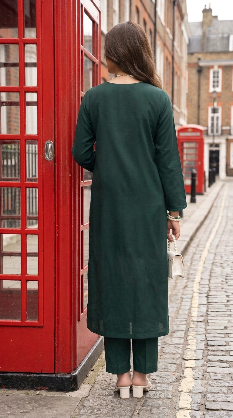 Miski Winter Essentials 2pc Dark Green Embroidered Linen Suit – MWE1