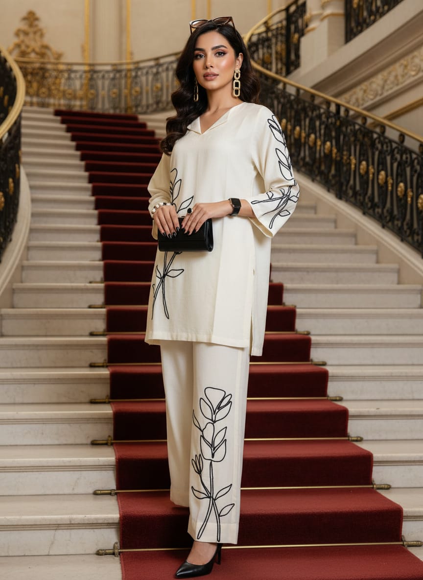 Zaiwa Linen Embroidered 2pc Winter Casual Co-Ord Set ZWL16