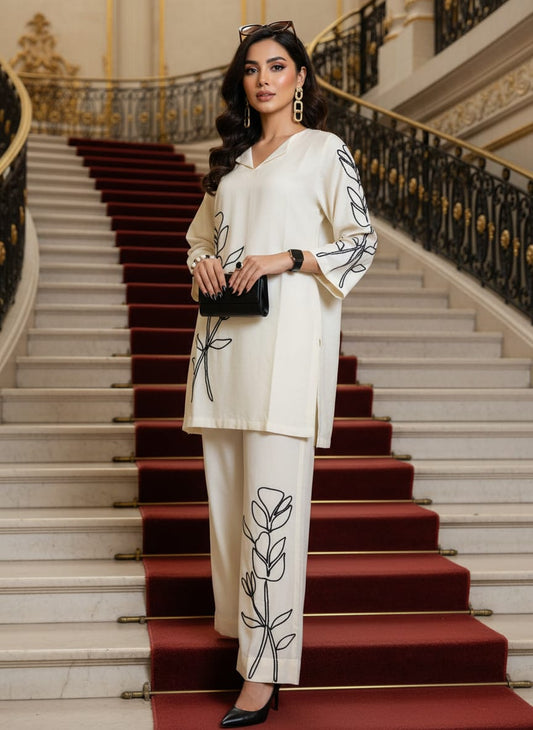 Zaiwa Linen Embroidered 2pc Winter Casual Co-Ord Set ZWL16