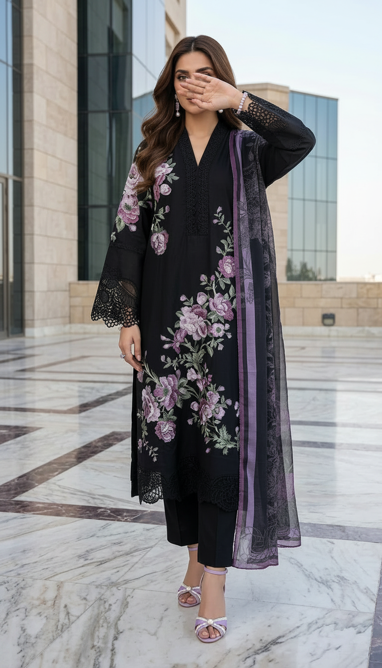 Zaiwa 3pc Embroidered Cotton Pakistani Suit with Monar Dupatta – DZ1