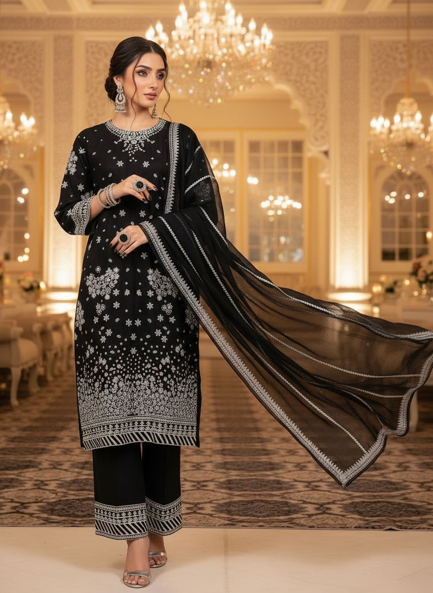 Zaiwa 3pc Black Khaddar Thread & Sequin Embroidered Suit ZWL22