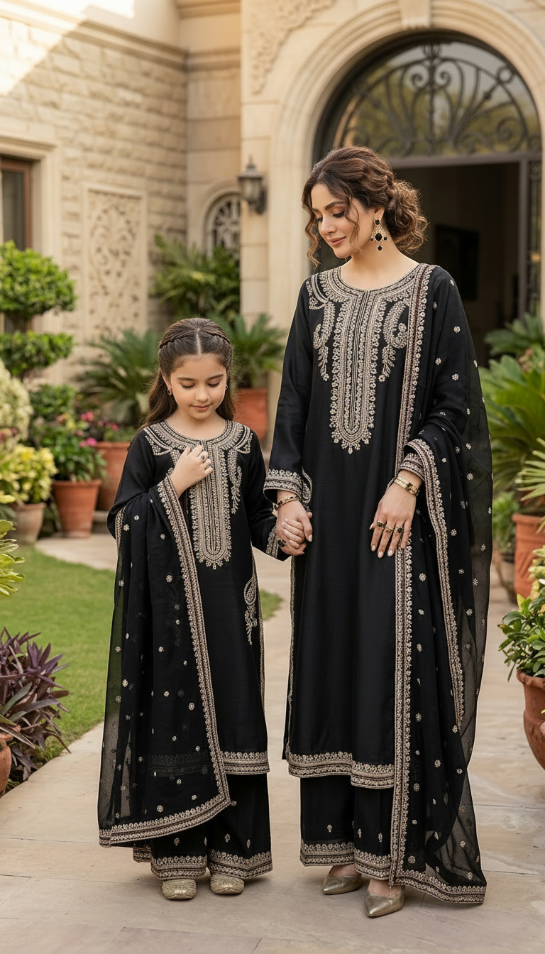 Reshmi RA9 Black Embroidered 3pc Raw Silk Suit with Chiffon Dupatta