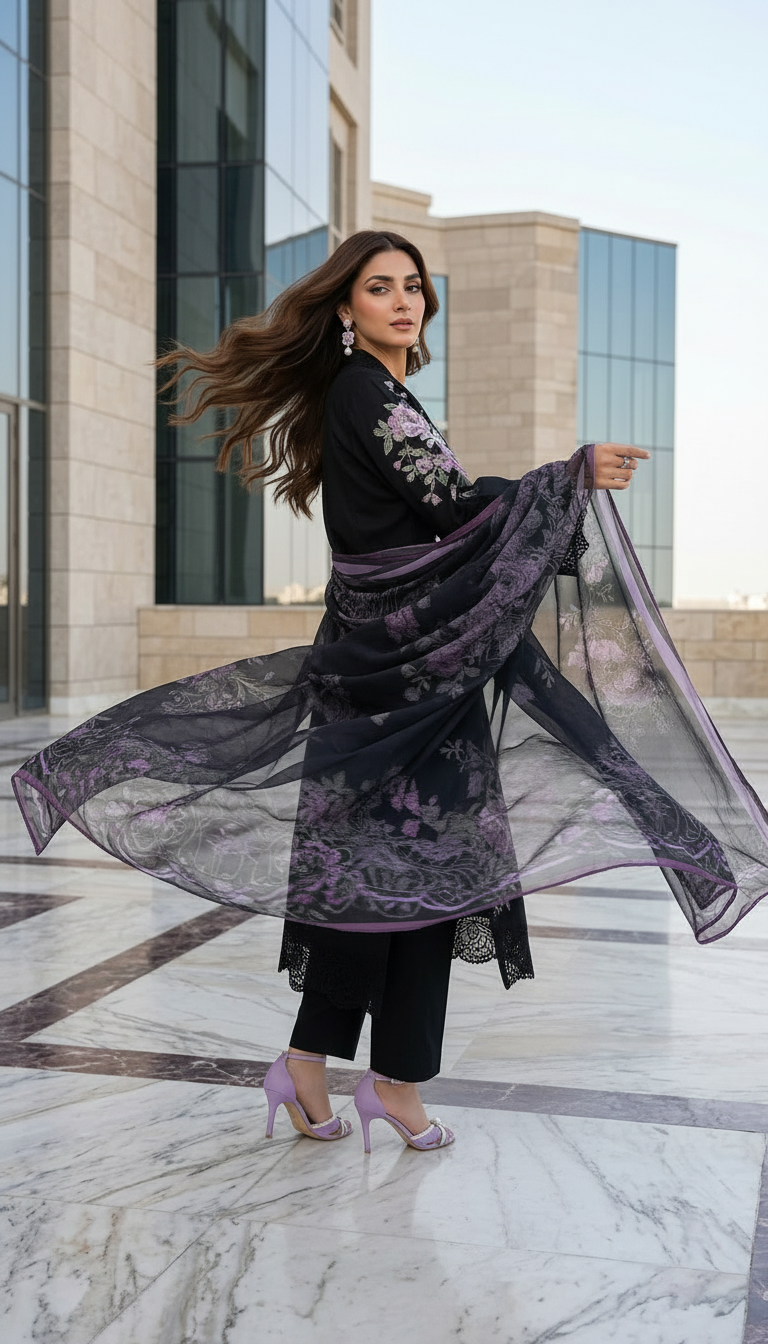 Zaiwa 3pc Embroidered Cotton Pakistani Suit with Monar Dupatta – DZ1