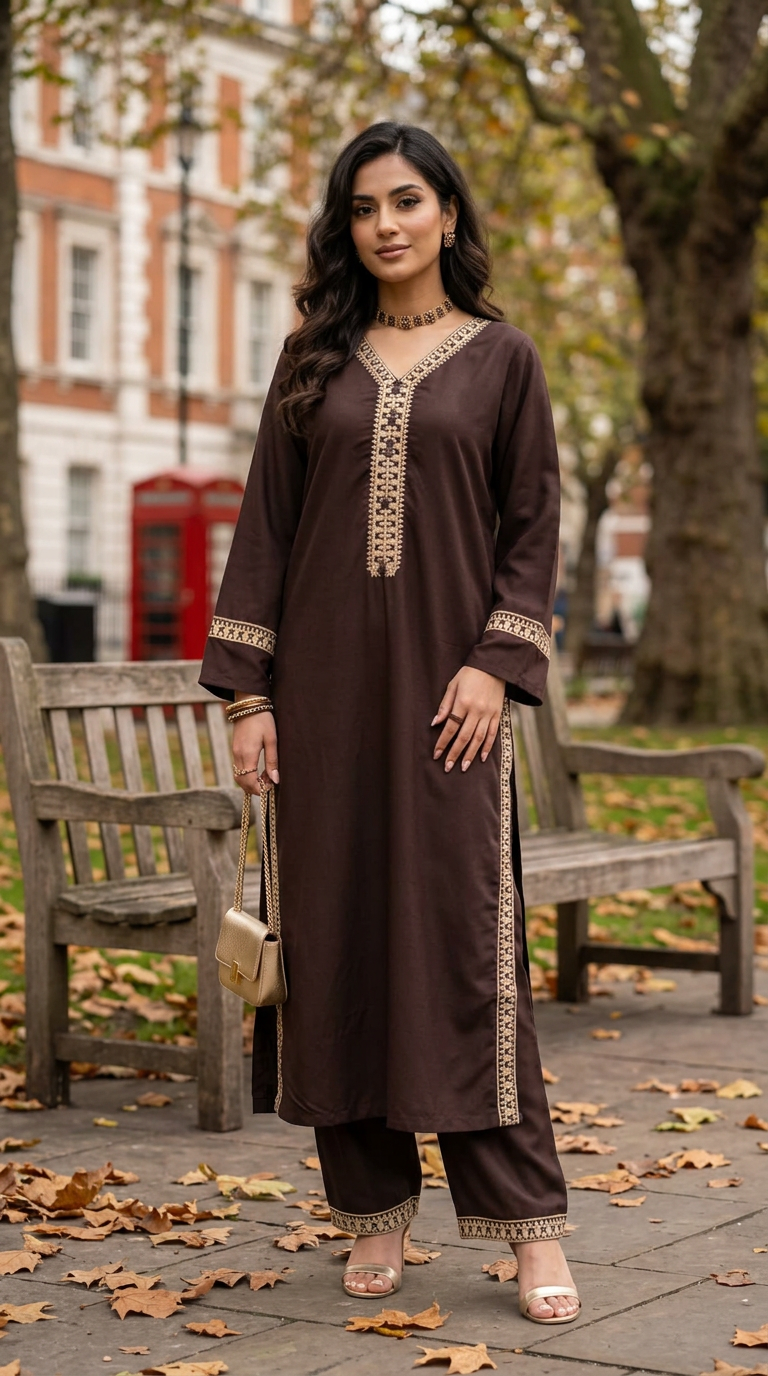 Miski Winter Essentials 2pc Chocolate Brown Embroidered Linen Suit – MWE2