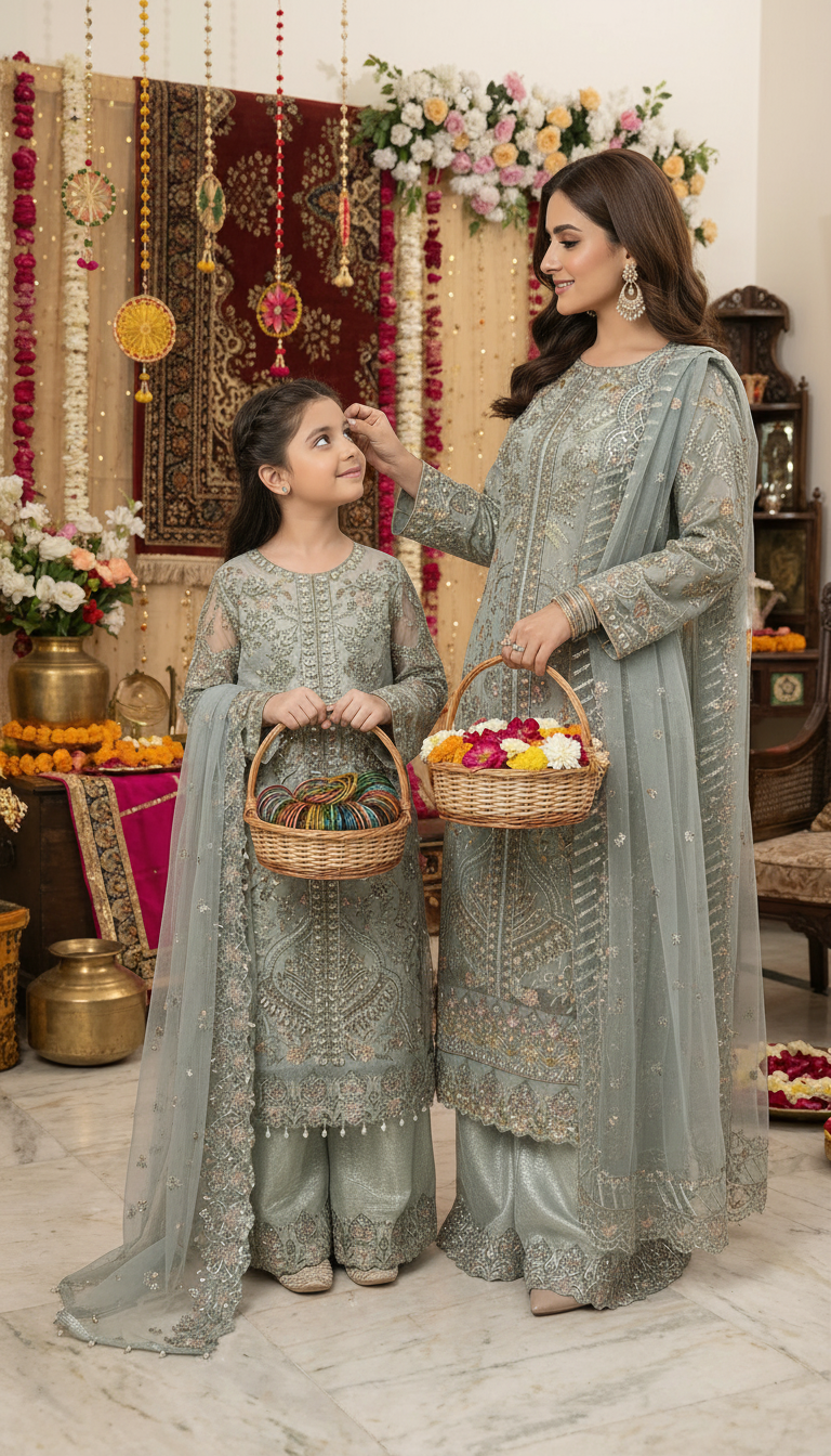 Zaiwaraat by Arwah – Mint Green Handworked Net Shirt with Sequin Sharara – ZWR14