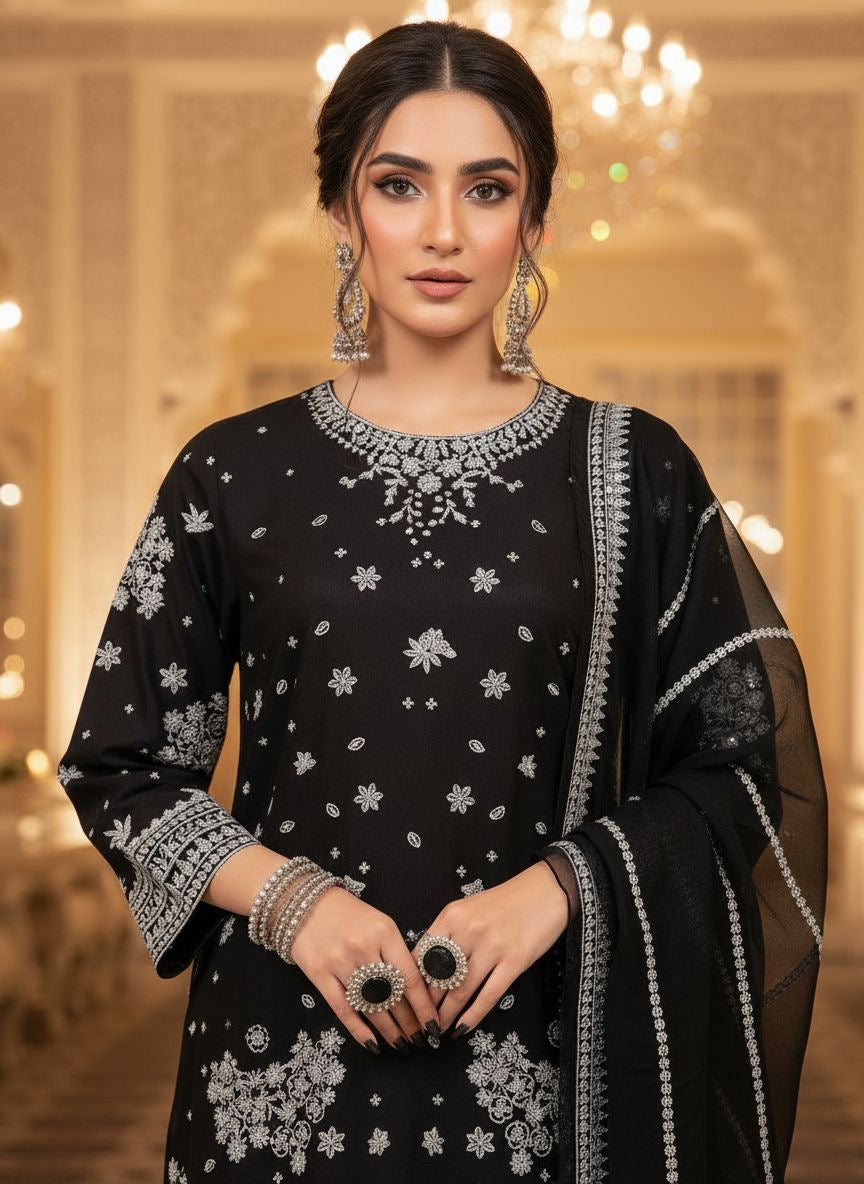 Zaiwa 3pc Black Khaddar Thread & Sequin Embroidered Suit ZWL22