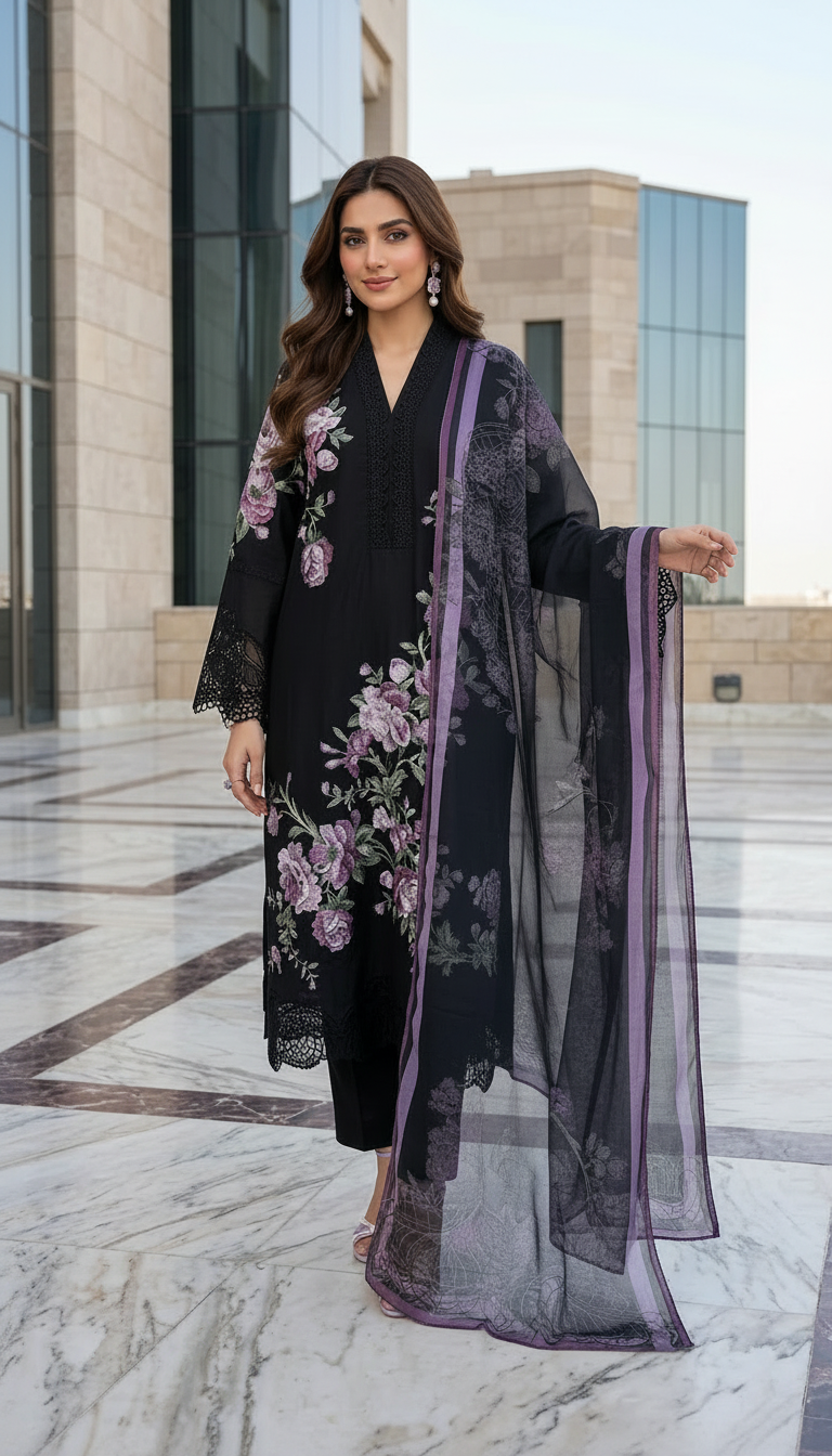 Zaiwa 3pc Embroidered Cotton Pakistani Suit with Monar Dupatta – DZ1