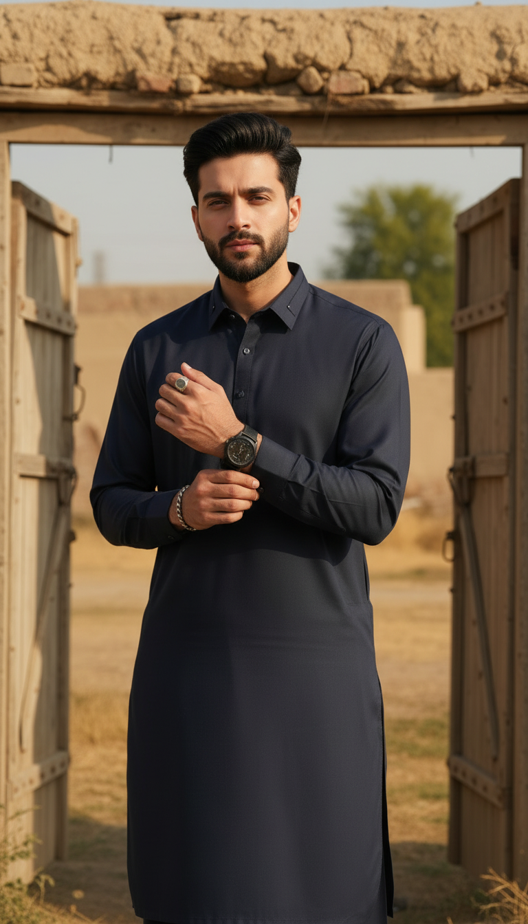 Ally's Navy Blue Wash & Wear Kurta Shalwar– Ready to Wear | MBA1
