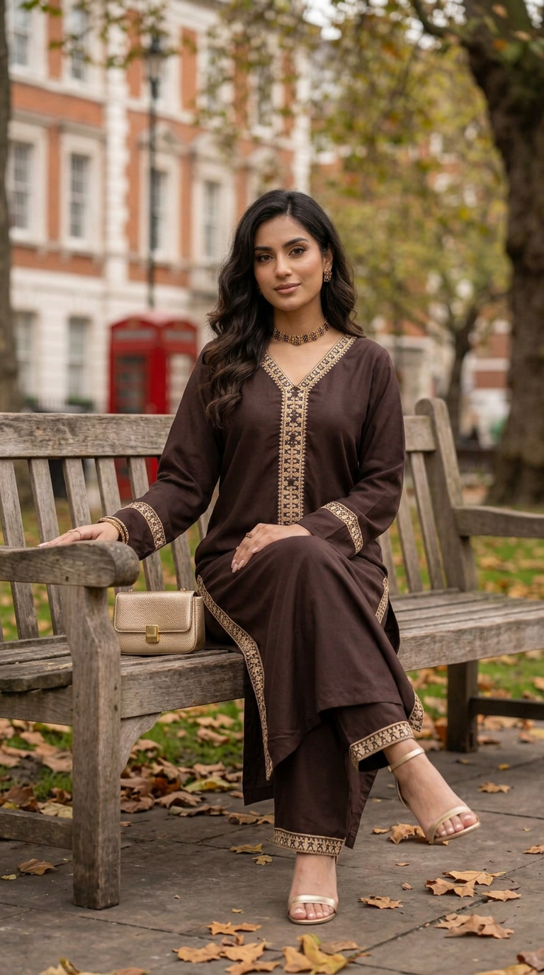 Miski Winter Essentials 2pc Chocolate Brown Embroidered Linen Suit – MWE2