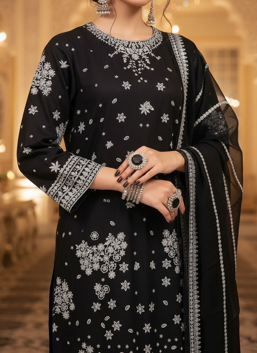 Zaiwa 3pc Black Khaddar Thread & Sequin Embroidered Suit ZWL22