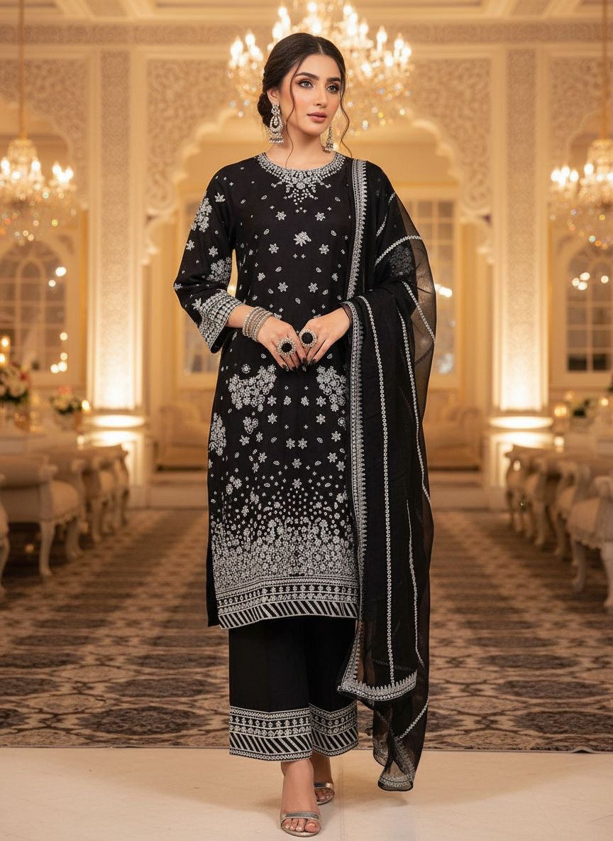 Zaiwa 3pc Black Khaddar Thread & Sequin Embroidered Suit ZWL22