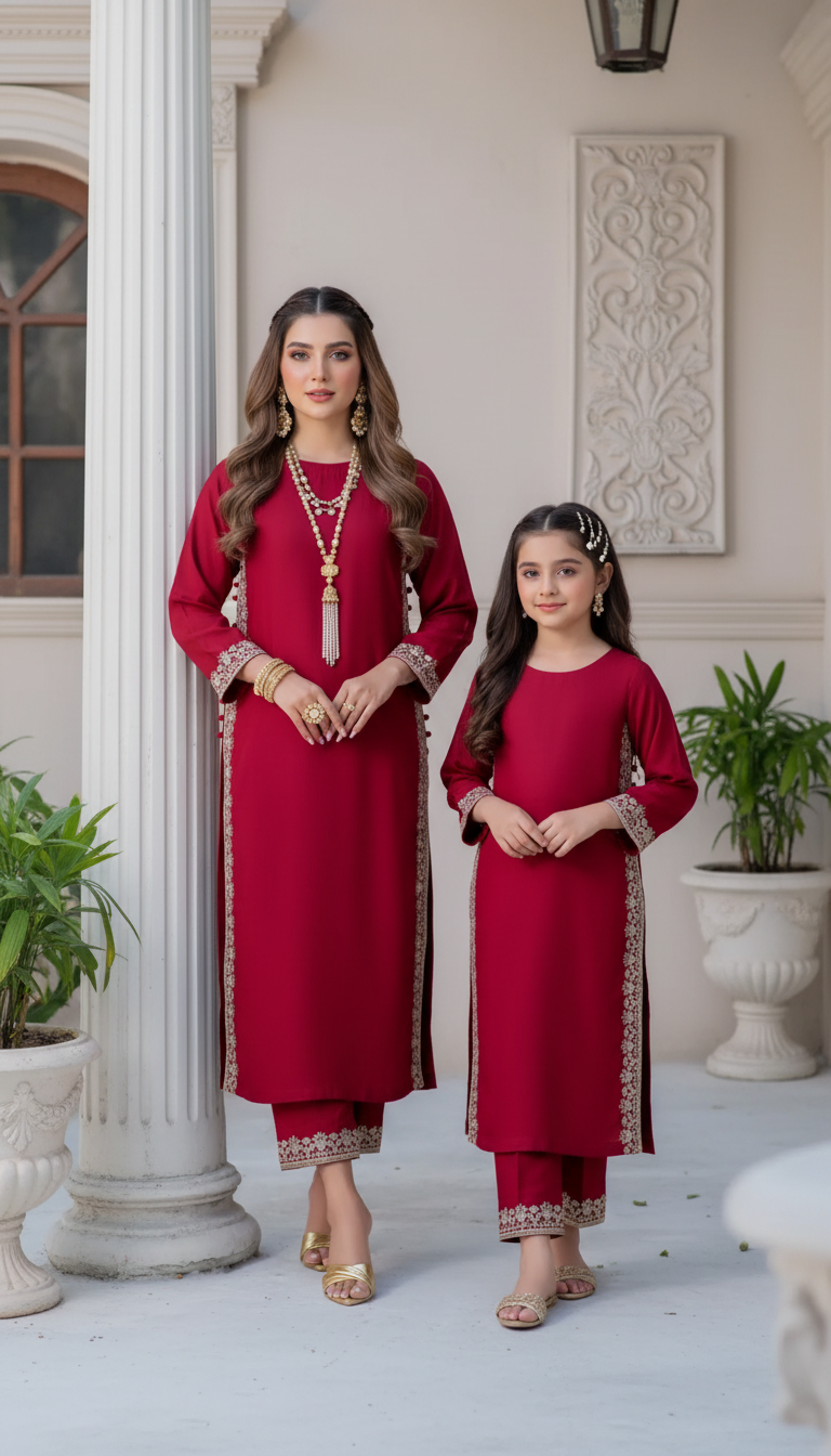Noura by Hemline Red Embroidered Long 2pc Viscose Suit NH2