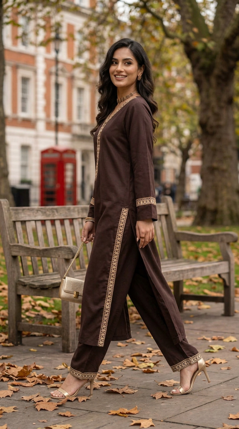 Miski Winter Essentials 2pc Chocolate Brown Embroidered Linen Suit – MWE2