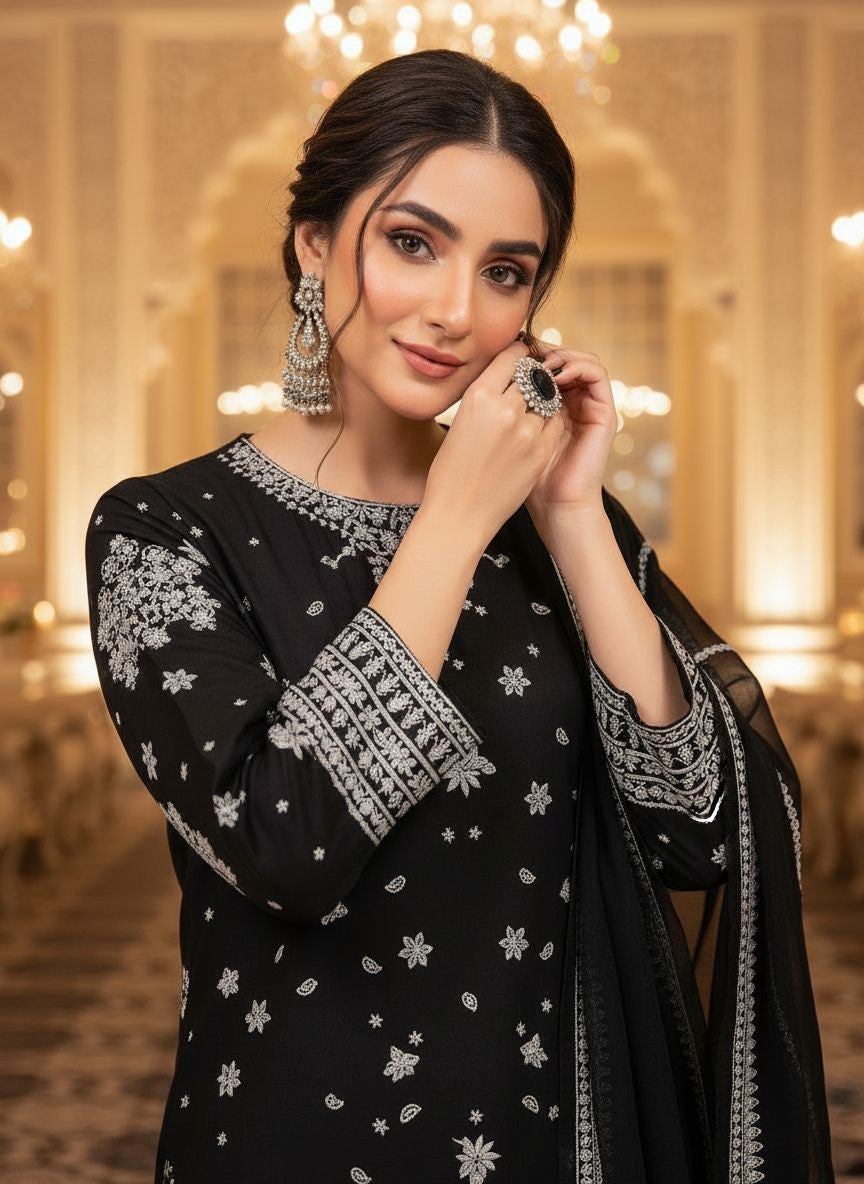 Zaiwa 3pc Black Khaddar Thread & Sequin Embroidered Suit ZWL22