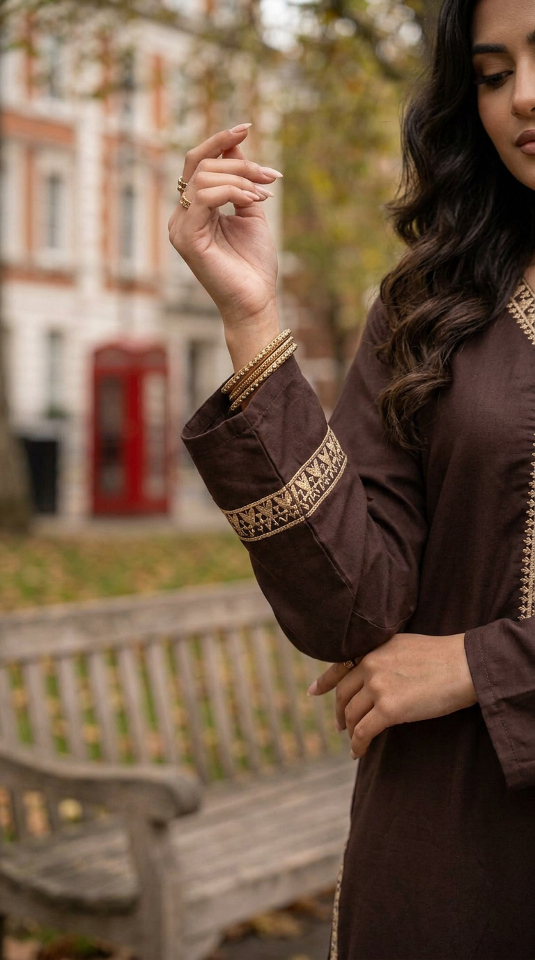 Miski Winter Essentials 2pc Chocolate Brown Embroidered Linen Suit – MWE2