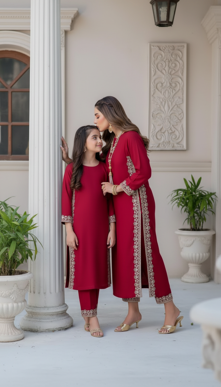 Noura by Hemline Red Embroidered Long 2pc Viscose Suit NH2