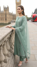 Miski Winter Essentials 3pc Sage Green Embroidered Linen Suit with Net Dupatta – MWE4