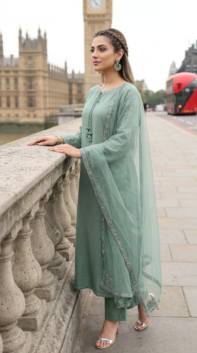 Miski Winter Essentials 3pc Sage Green Embroidered Linen Suit with Net Dupatta – MWE4