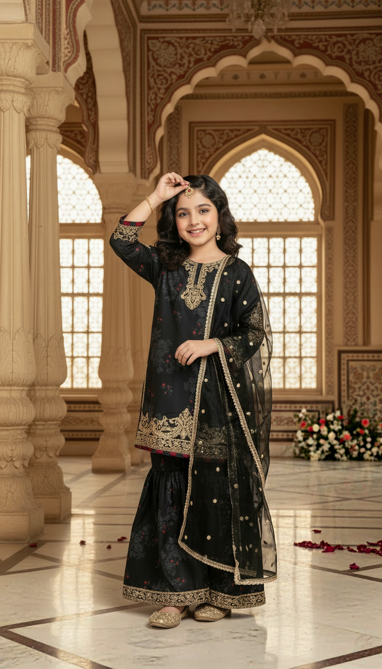 SM4 Sitara by Mohagni 3pc Girls Black Gharara Suit