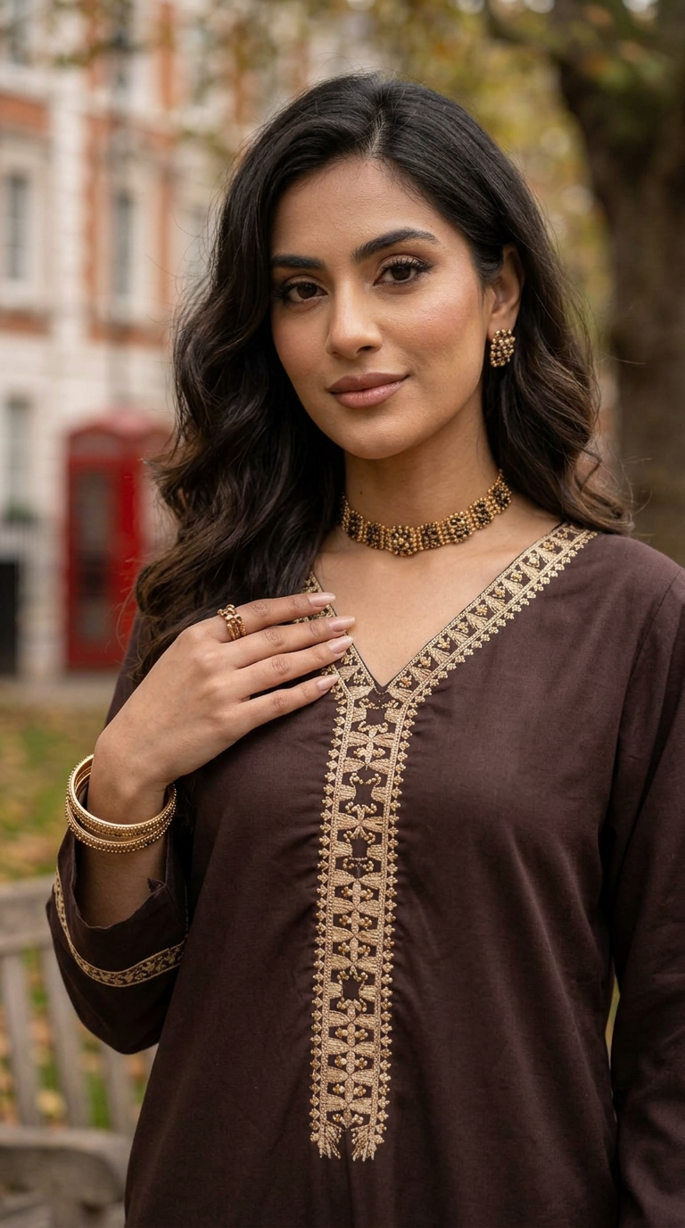 Miski Winter Essentials 2pc Chocolate Brown Embroidered Linen Suit – MWE2