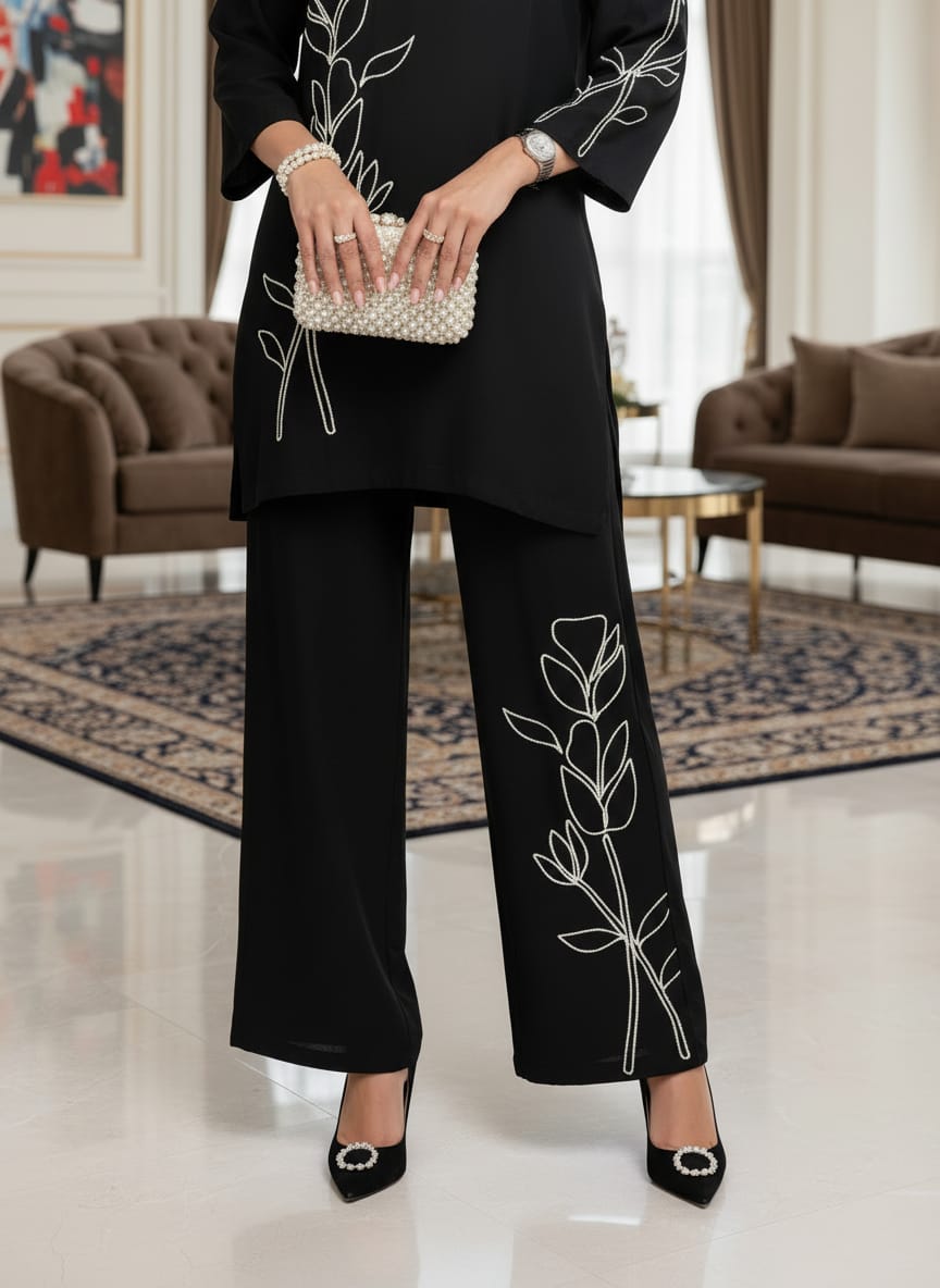 Zaiwa Black Linen Embroidered 2pc Winter Casual Co-Ord Set ZWL18