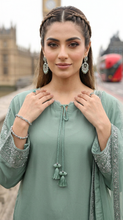 Miski Winter Essentials 3pc Sage Green Embroidered Linen Suit with Net Dupatta – MWE4