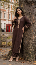 Miski Winter Essentials 2pc Chocolate Brown Embroidered Linen Suit – MWE2