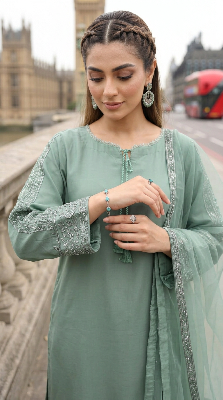 Miski Winter Essentials 3pc Sage Green Embroidered Linen Suit with Net Dupatta – MWE4