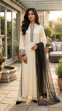 Miski Winter Essentials 3pc Off-White Linen Suit with Dark Grey Embroidery and Net Dupatta – MWE6