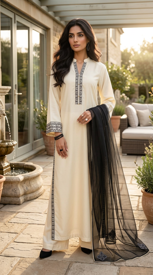 Miski Winter Essentials 3pc Off-White Linen Suit with Dark Grey Embroidery and Net Dupatta – MWE6