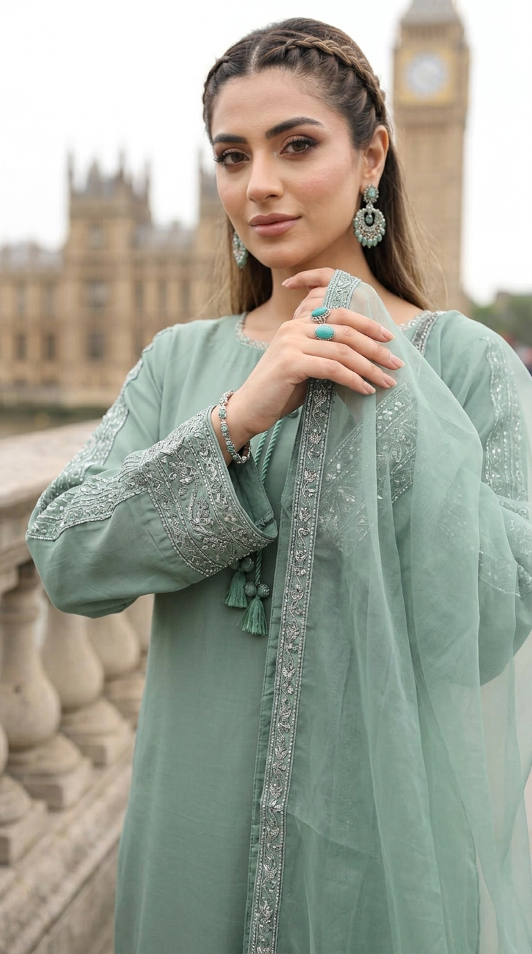 Miski Winter Essentials 3pc Sage Green Embroidered Linen Suit with Net Dupatta – MWE4