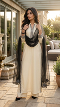 Miski Winter Essentials 3pc Off-White Linen Suit with Dark Grey Embroidery and Net Dupatta – MWE6
