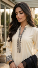 Miski Winter Essentials 3pc Off-White Linen Suit with Dark Grey Embroidery and Net Dupatta – MWE6