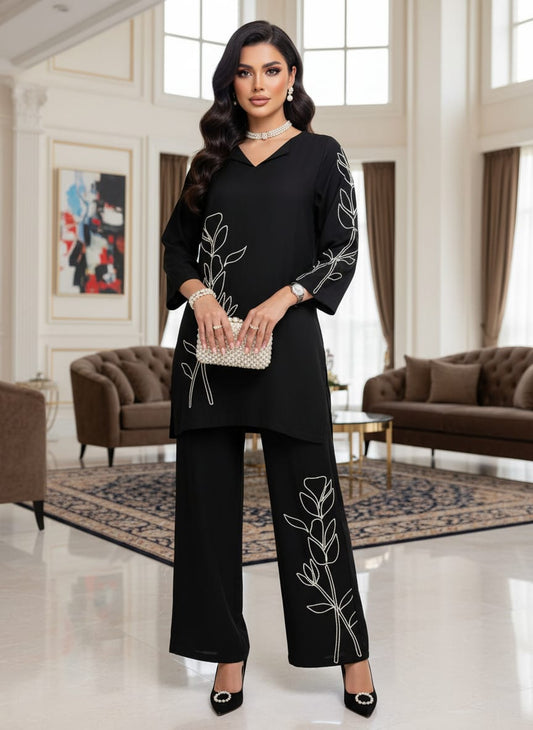 Zaiwa Black Linen Embroidered 2pc Winter Casual Co-Ord Set ZWL18