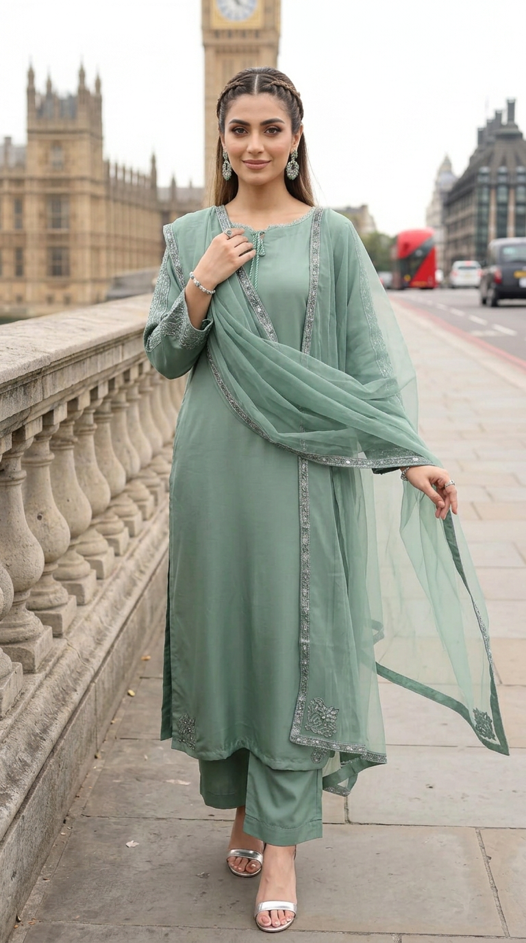 Miski Winter Essentials 3pc Sage Green Embroidered Linen Suit with Net Dupatta – MWE4