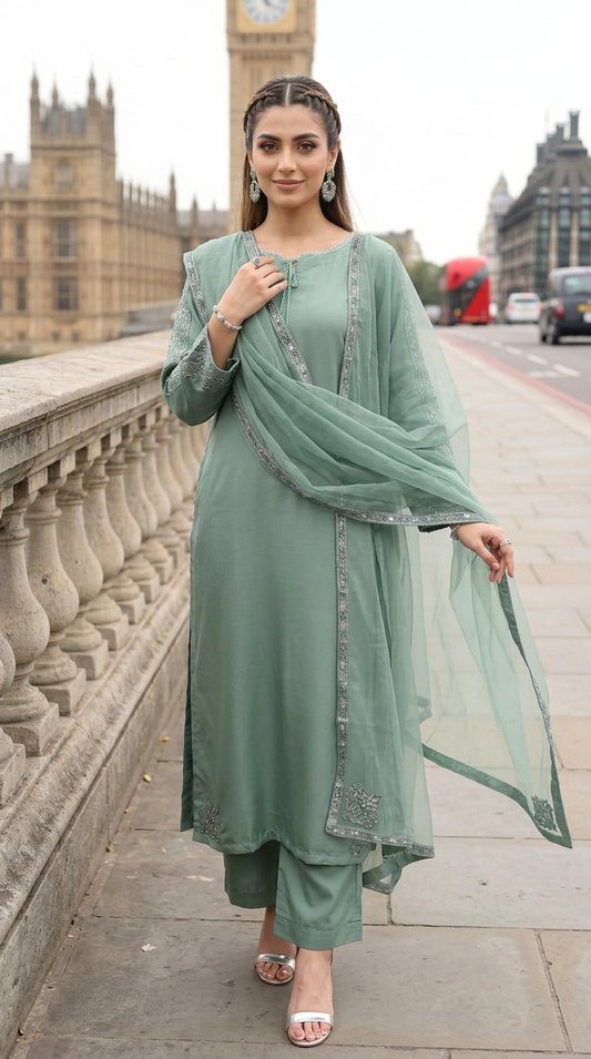 Miski Winter Essentials 3pc Sage Green Embroidered Linen Suit with Net Dupatta – MWE4