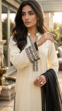 Miski Winter Essentials 3pc Off-White Linen Suit with Dark Grey Embroidery and Net Dupatta – MWE6