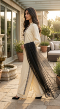 Miski Winter Essentials 3pc Off-White Linen Suit with Dark Grey Embroidery and Net Dupatta – MWE6