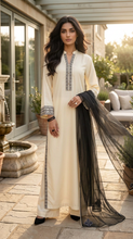 Miski Winter Essentials 3pc Off-White Linen Suit with Dark Grey Embroidery and Net Dupatta – MWE6