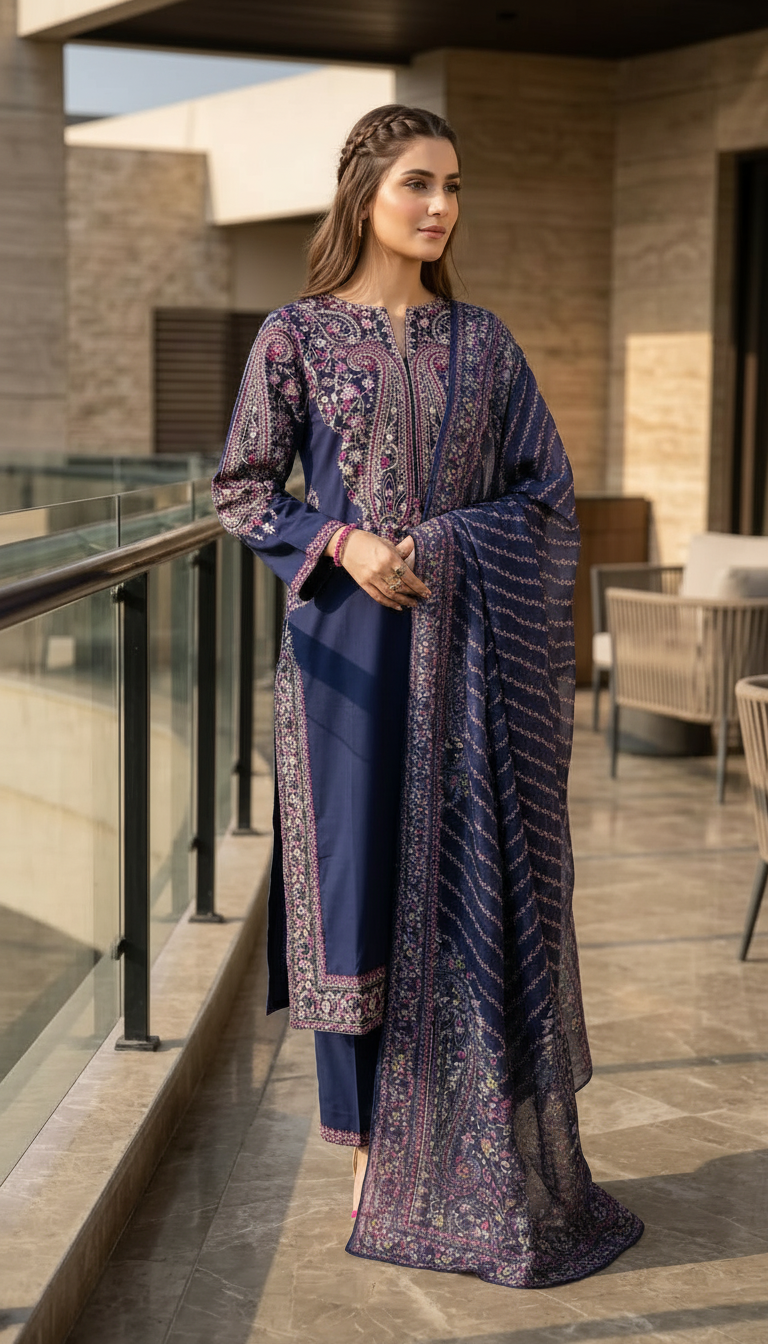 Zaiwa 3pc Embroidered Cotton Pakistani Suit with Monar Dupatta – DZ3