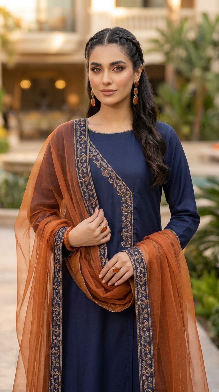 Miski Winter Essentials 3pc Navy Blue Embroidered Linen Suit with Rust Net Dupatta – MWE5
