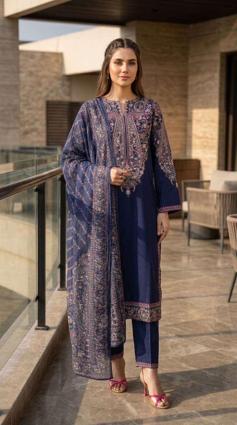 Zaiwa 3pc Embroidered Cotton Pakistani Suit with Monar Dupatta – DZ3