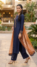 Miski Winter Essentials 3pc Navy Blue Embroidered Linen Suit with Rust Net Dupatta – MWE5