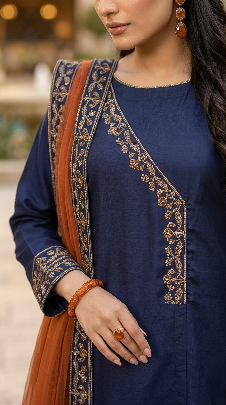 Miski Winter Essentials 3pc Navy Blue Embroidered Linen Suit with Rust Net Dupatta – MWE5