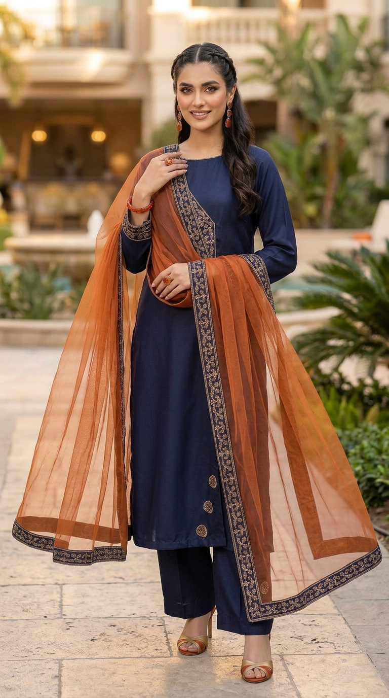 Miski Winter Essentials 3pc Navy Blue Embroidered Linen Suit with Rust Net Dupatta – MWE5