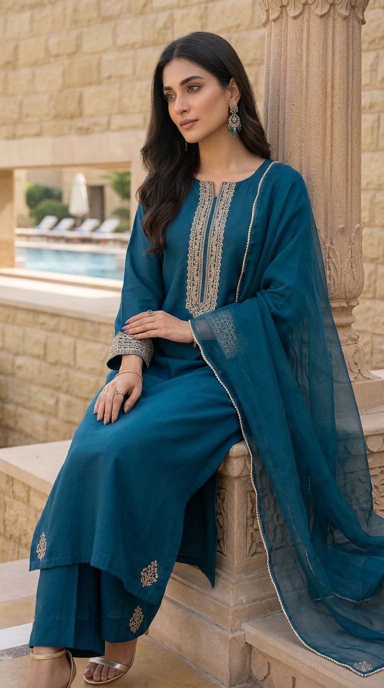 Miski Winter Essentials 3pc Teal Embroidered Linen Suit with Net Dupatta – MWE3