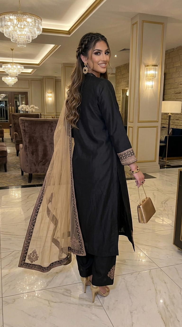 Miski Winter Essentials 3pc Black Embroidered Linen Suit with Net Dupatta – MWE10
