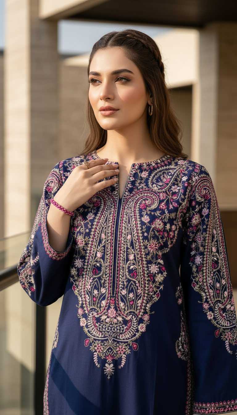 Zaiwa 3pc Embroidered Cotton Pakistani Suit with Monar Dupatta – DZ3