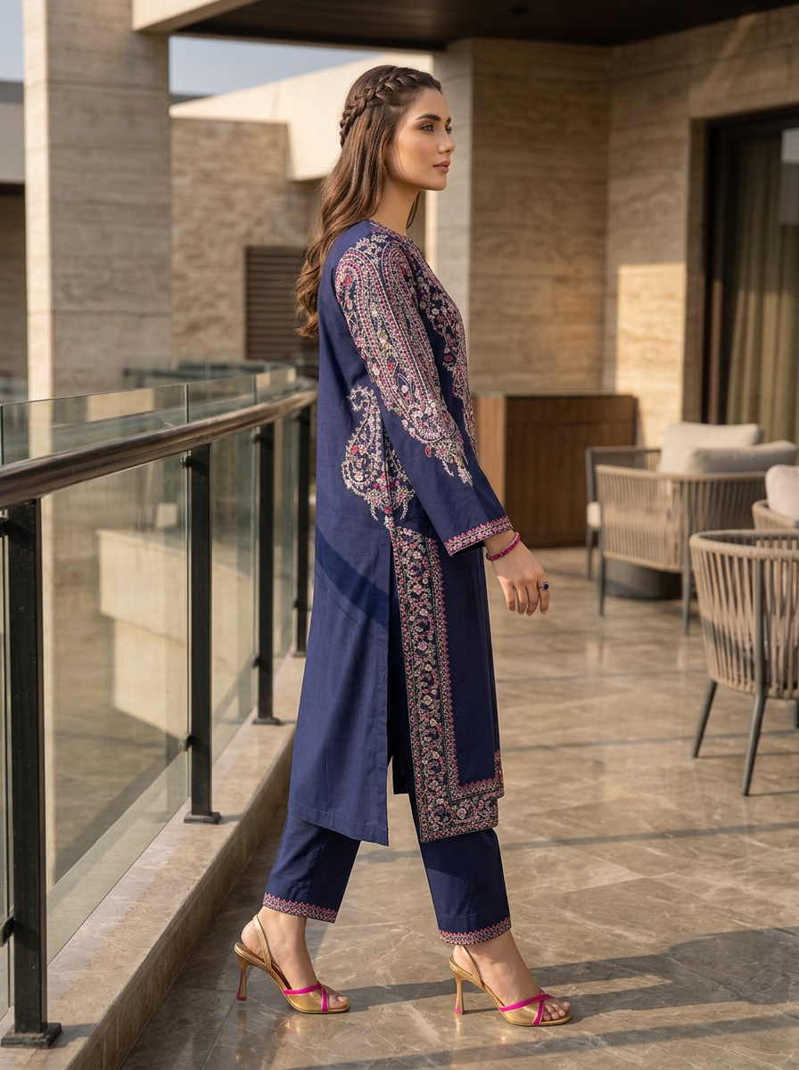 Zaiwa 3pc Embroidered Cotton Pakistani Suit with Monar Dupatta – DZ3